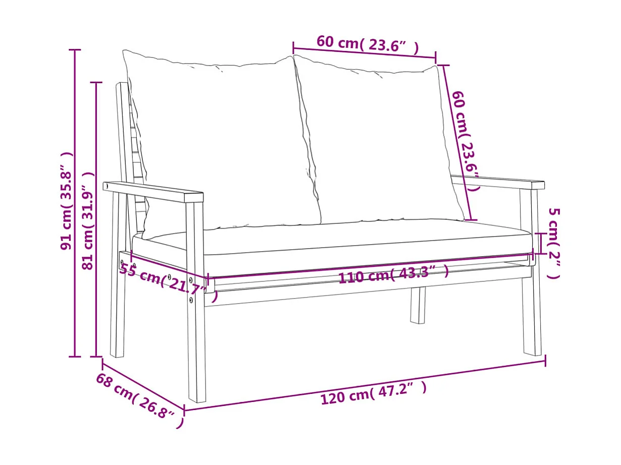 Canapé de jardin 120 cm avec coussin bois d'acacia massif
