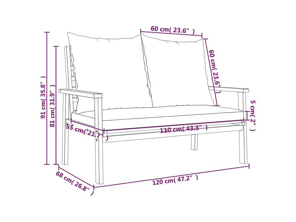 Gartensofa 120 cm mit Kissen Massivholz Akazie