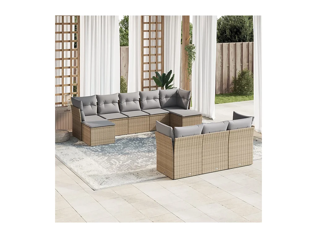 10-delige Loungeset met kussens poly rattan beige