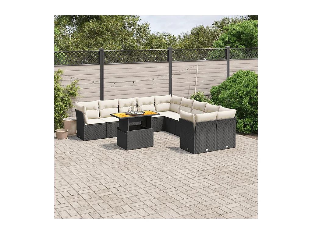 Salon de jardin 11 pcs avec coussins noir résine tressée