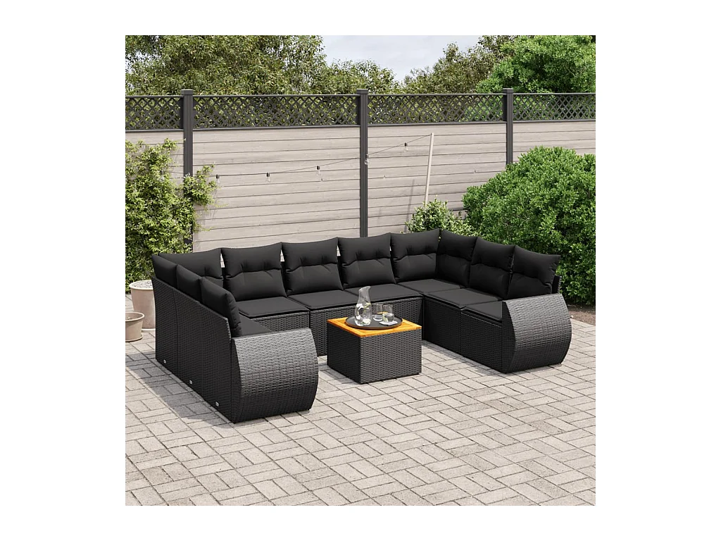 Salon de jardin 10 pcs avec coussins noir résine tressée