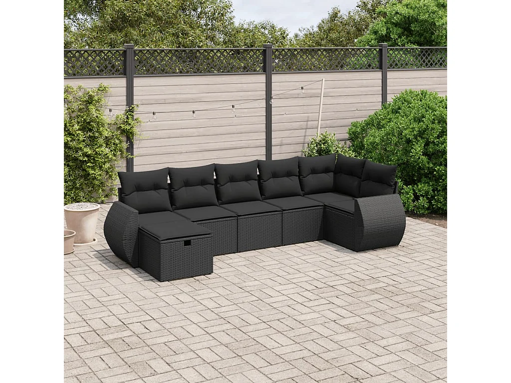 Set de comedor de jardín 7 pzas y cojines ratán sintético negro