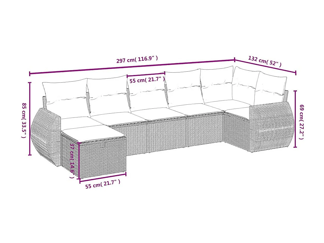Set de comedor de jardín 7 pzas y cojines ratán sintético negro