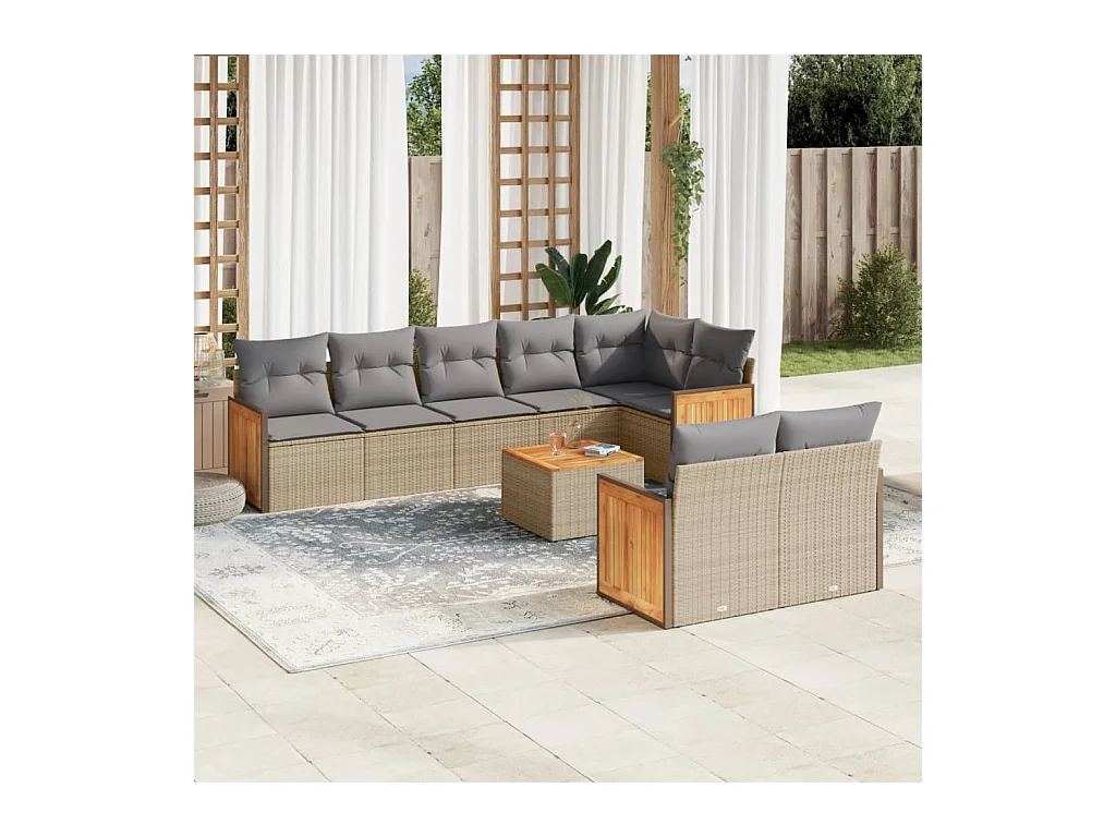 Set de sofás de jardín 9 pzas con cojines ratán sintético beige