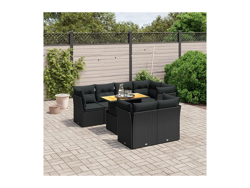 Salon de jardin 8 pcs avec coussins noir résine tressée