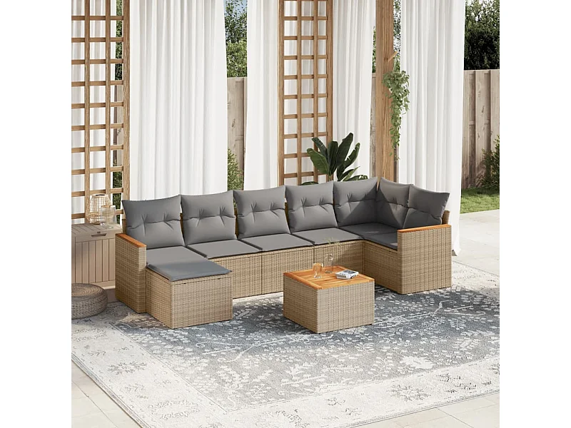 Set Divano da Giardino 8 pz con Cuscini Beige in Polyrattan