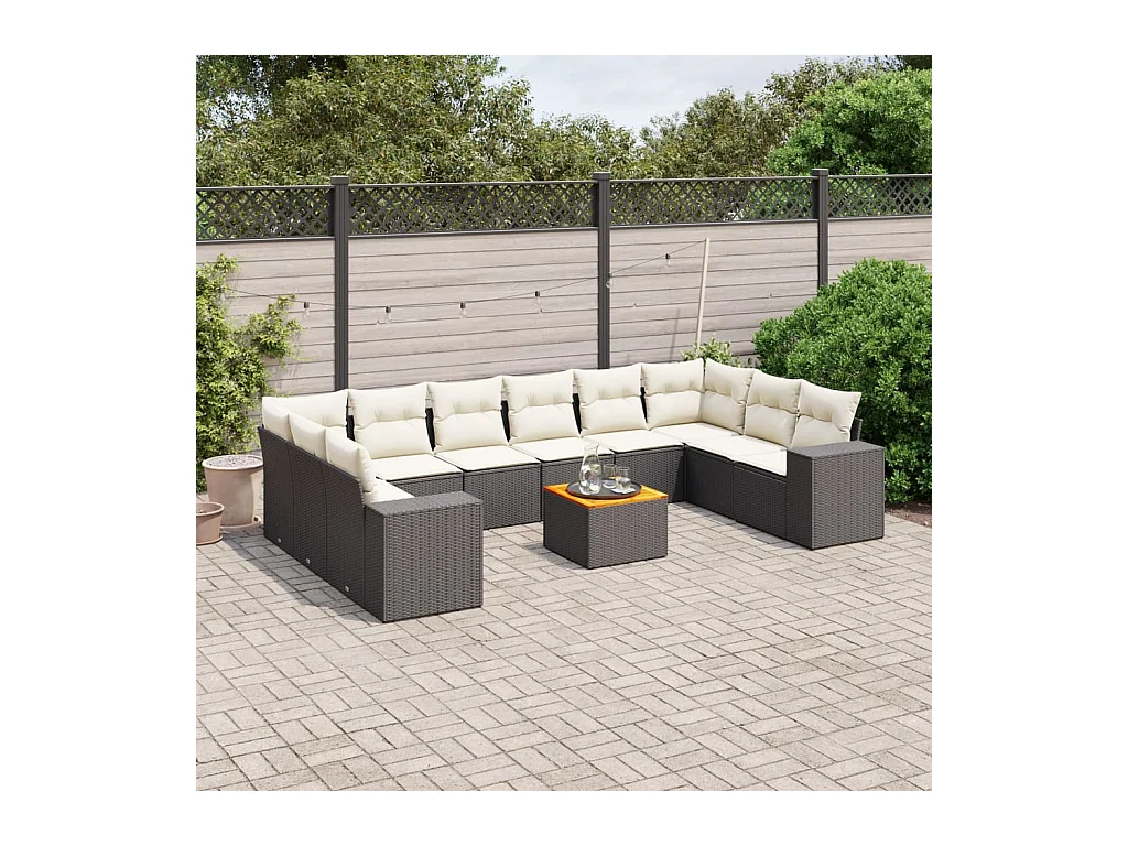 11-tlg. Garten-Sofagarnitur mit Kissen Schwarz Poly Rattan