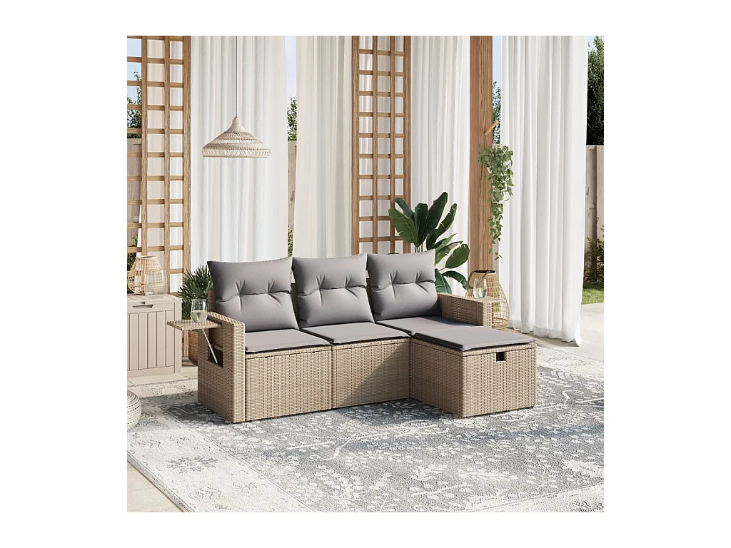 4-delige Loungeset met kussens poly rattan gemengd beige