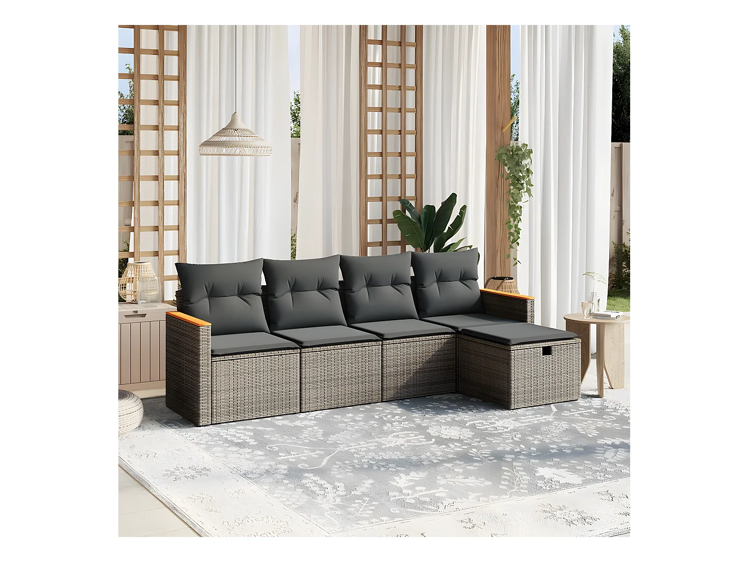 Set Divano da Giardino 5 pz con Cuscini Grigio in Polyrattan