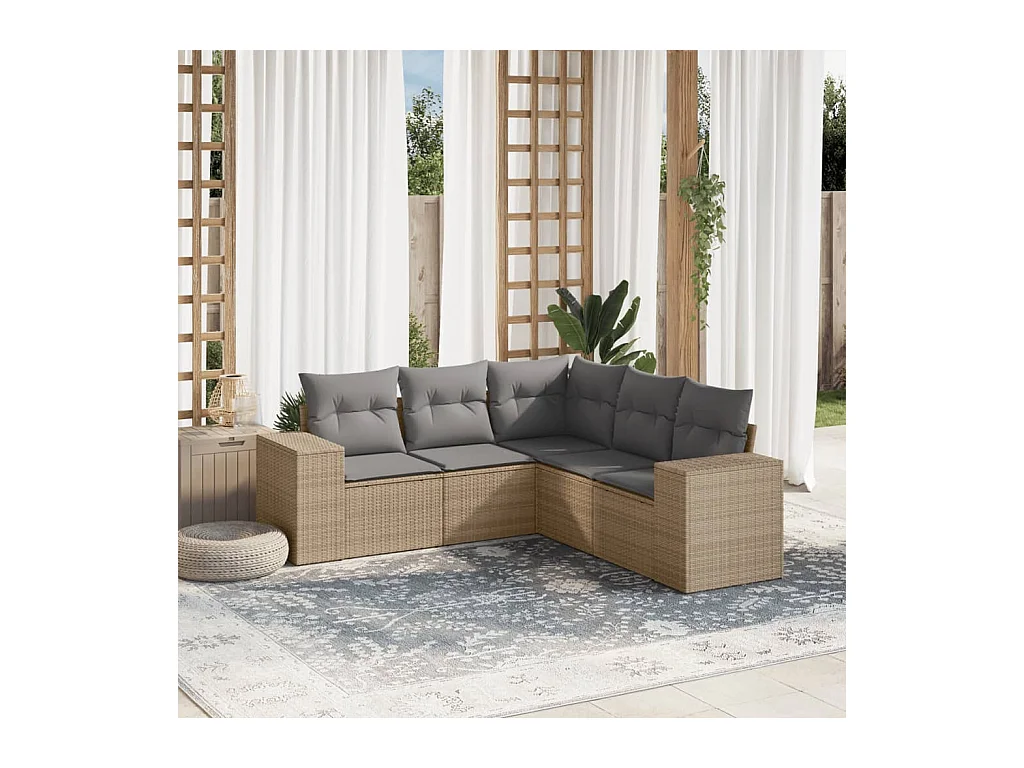 5-delige Loungeset met kussens poly rattan beige