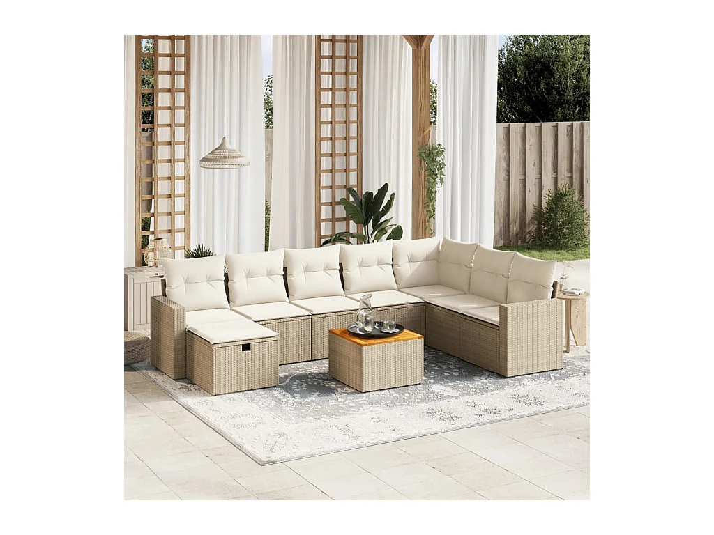 9-tlg. Garten-Sofagarnitur mit Kissen Beige Poly Rattan