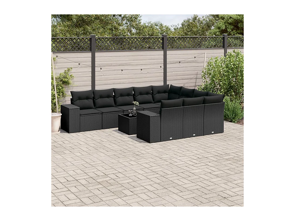 Salon de jardin 11 pcs avec coussins noir résine tressée