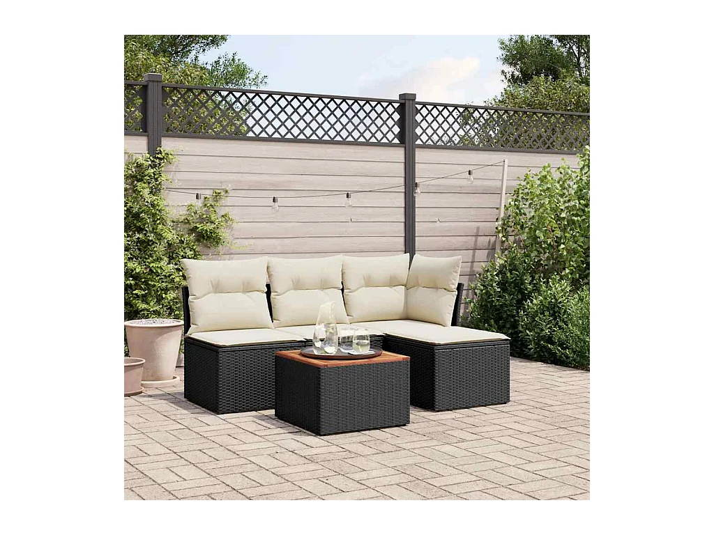 5-delige Loungeset met kussens poly rattan zwart
