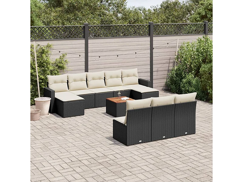 11-tlg. Garten-Sofagarnitur mit Kissen Schwarz Poly Rattan