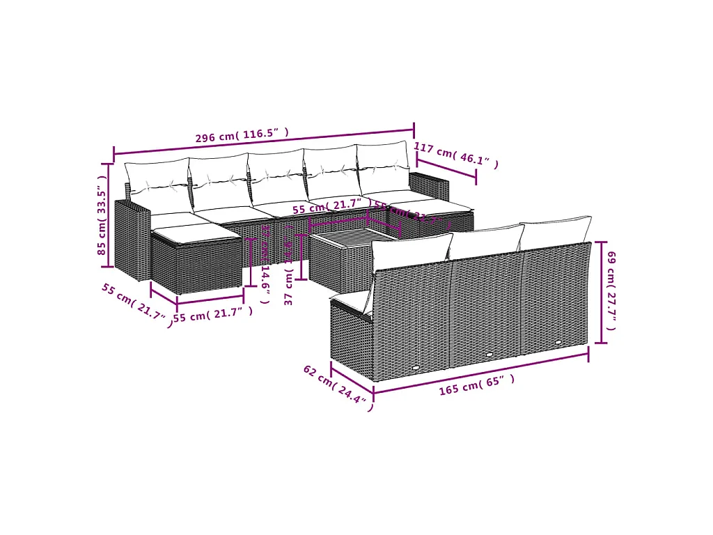 11-tlg. Garten-Sofagarnitur mit Kissen Schwarz Poly Rattan