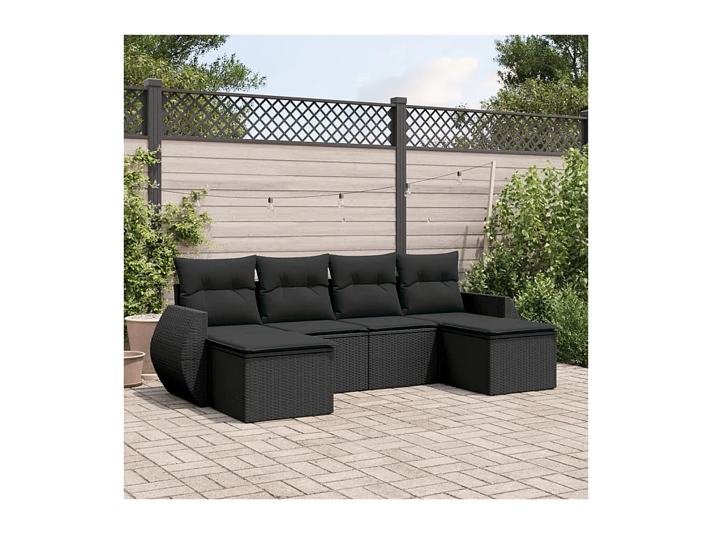 Salon de jardin 6 pcs avec coussins noir résine tressée