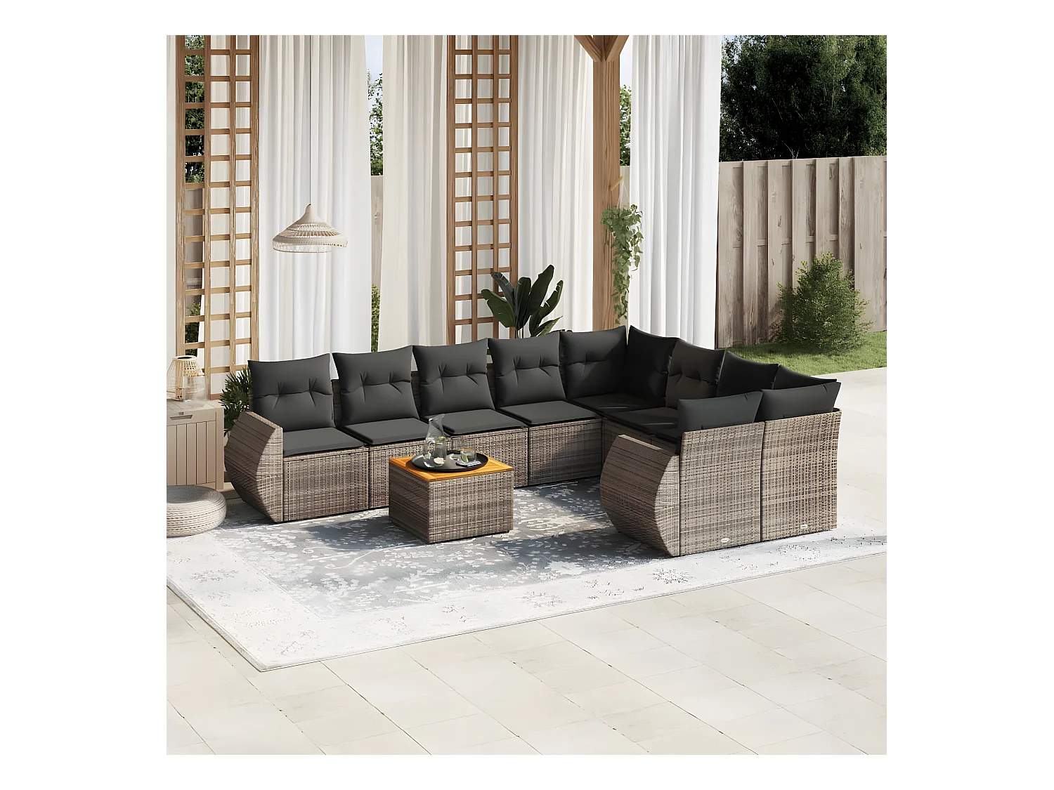 Set Divano da Giardino 9 pz con Cuscini Grigio in Polyrattan
