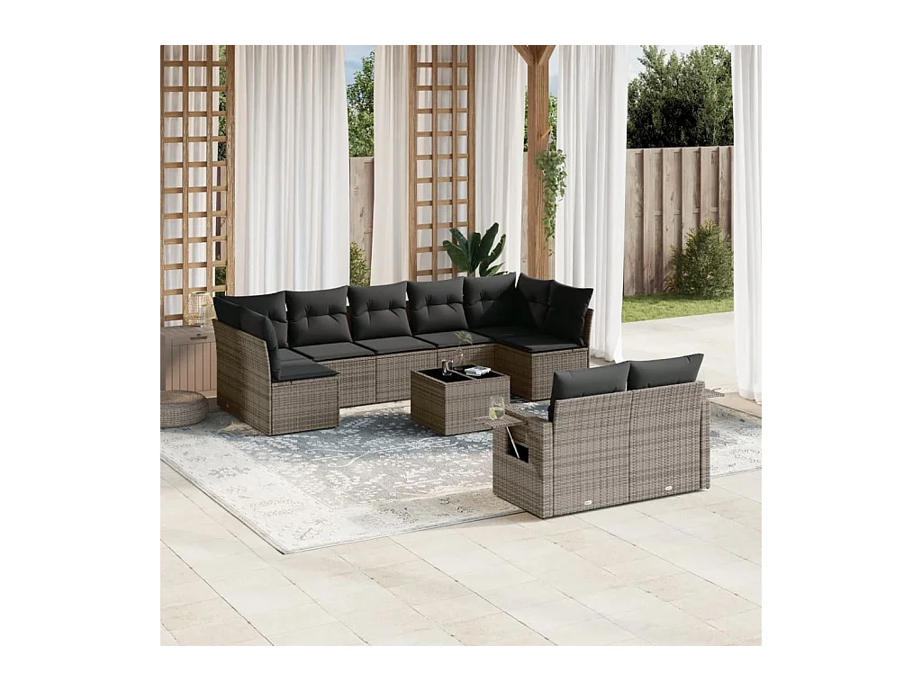 10-tlg. Garten-Sofagarnitur mit Kissen Grau Poly Rattan