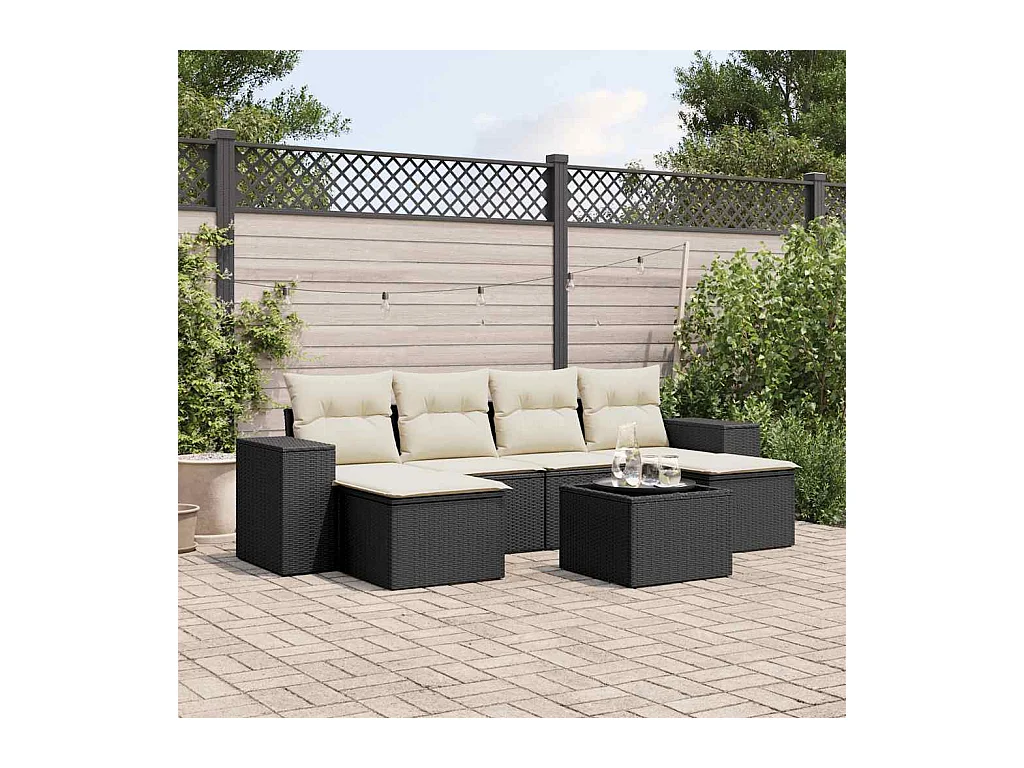 Salon de jardin 7 pcs avec coussins noir résine tressée