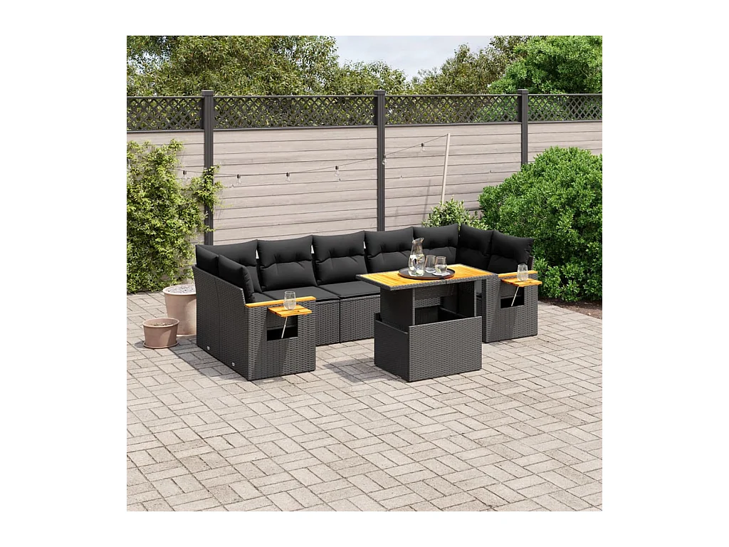 Salon de jardin 8 pcs avec coussins noir résine tressée