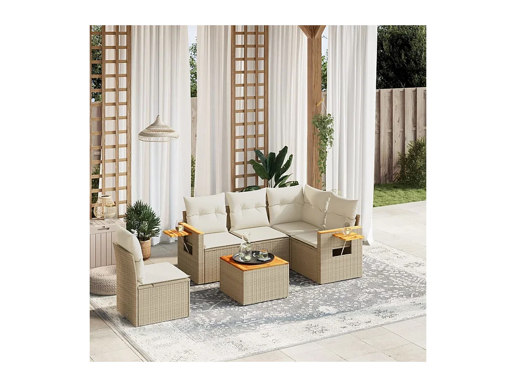 Set Divano da Giardino 6 pz con Cuscini Beige in Polyrattan