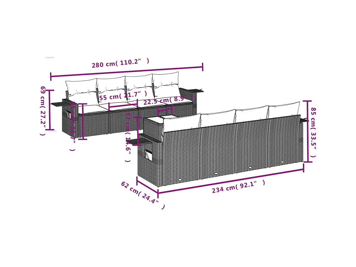 9-tlg. Garten-Sofagarnitur mit Kissen Schwarz Poly Rattan