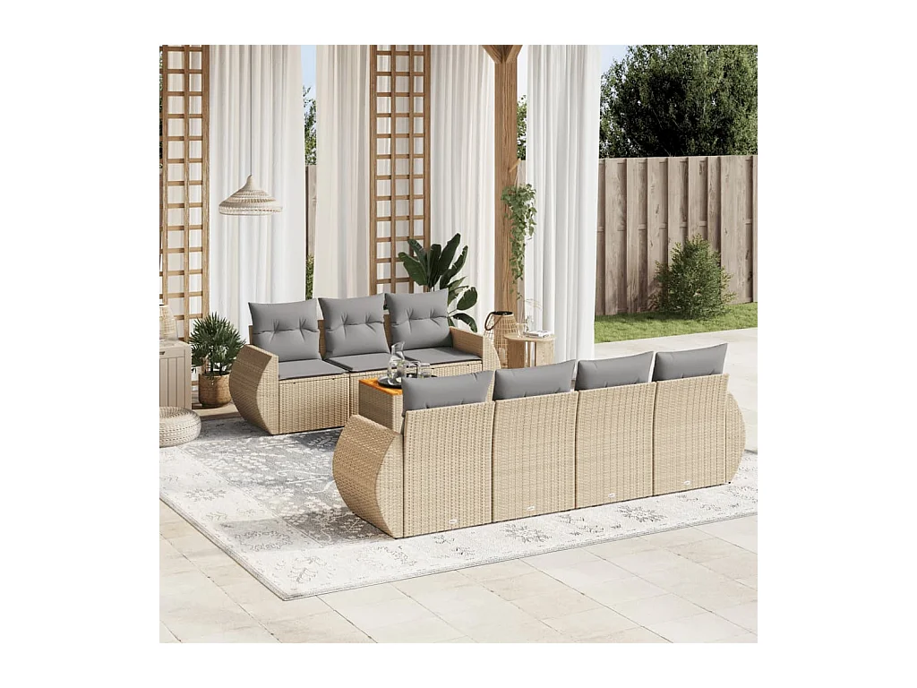Salon de jardin avec coussins 8 pcs beige résine tressée