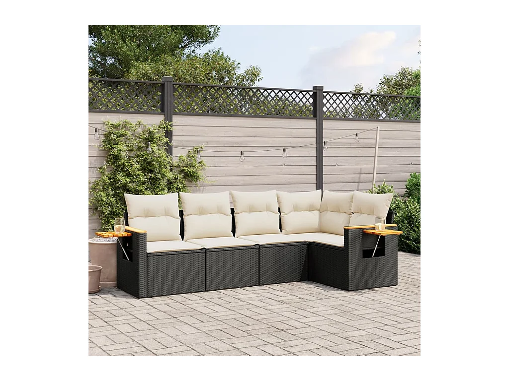Salon de jardin 5 pcs avec coussins noir résine tressée