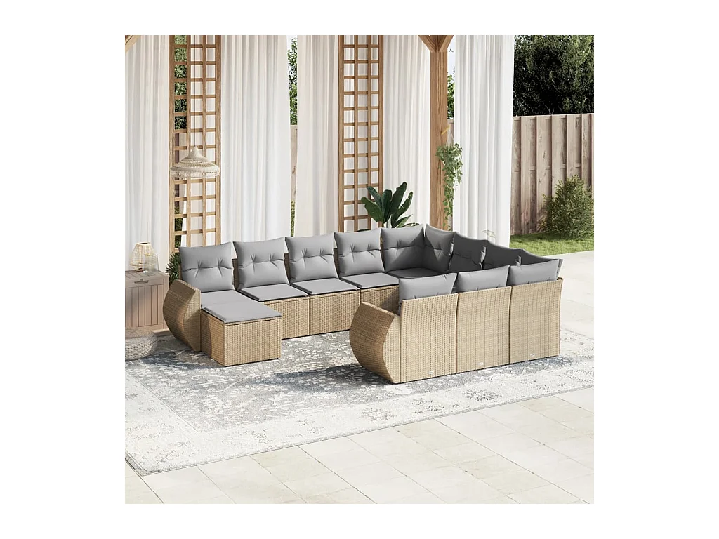 Salon de jardin 11 pcs avec coussins beige résine tressée