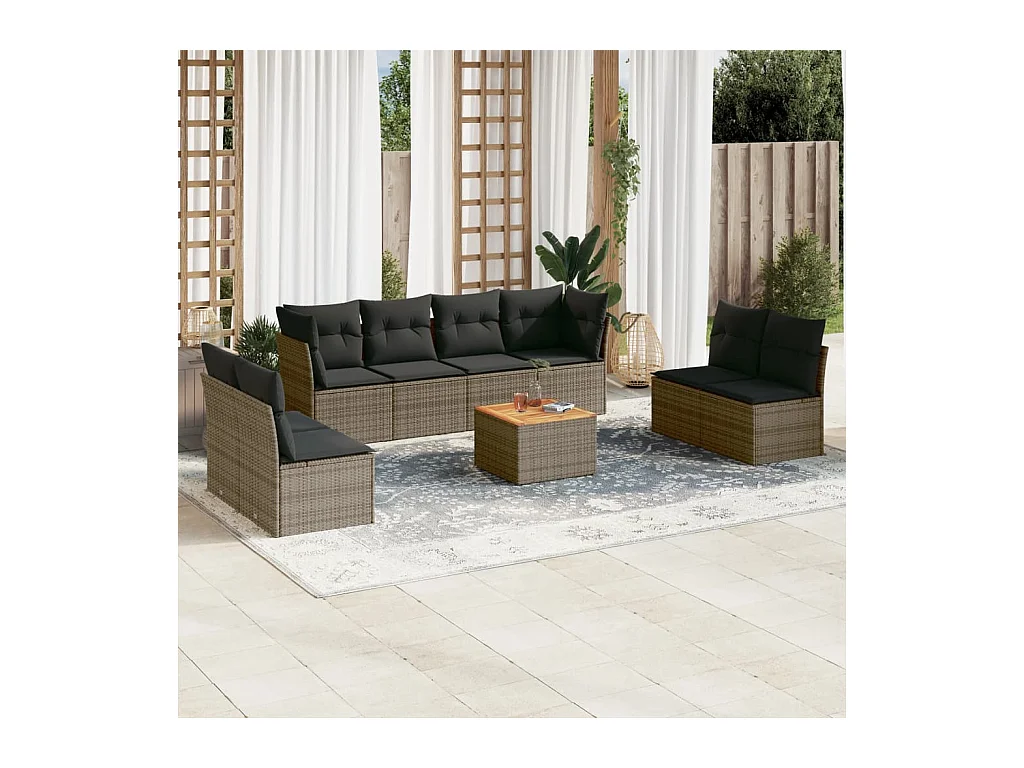 9-tlg. Garten-Sofagarnitur mit Kissen Grau Poly Rattan