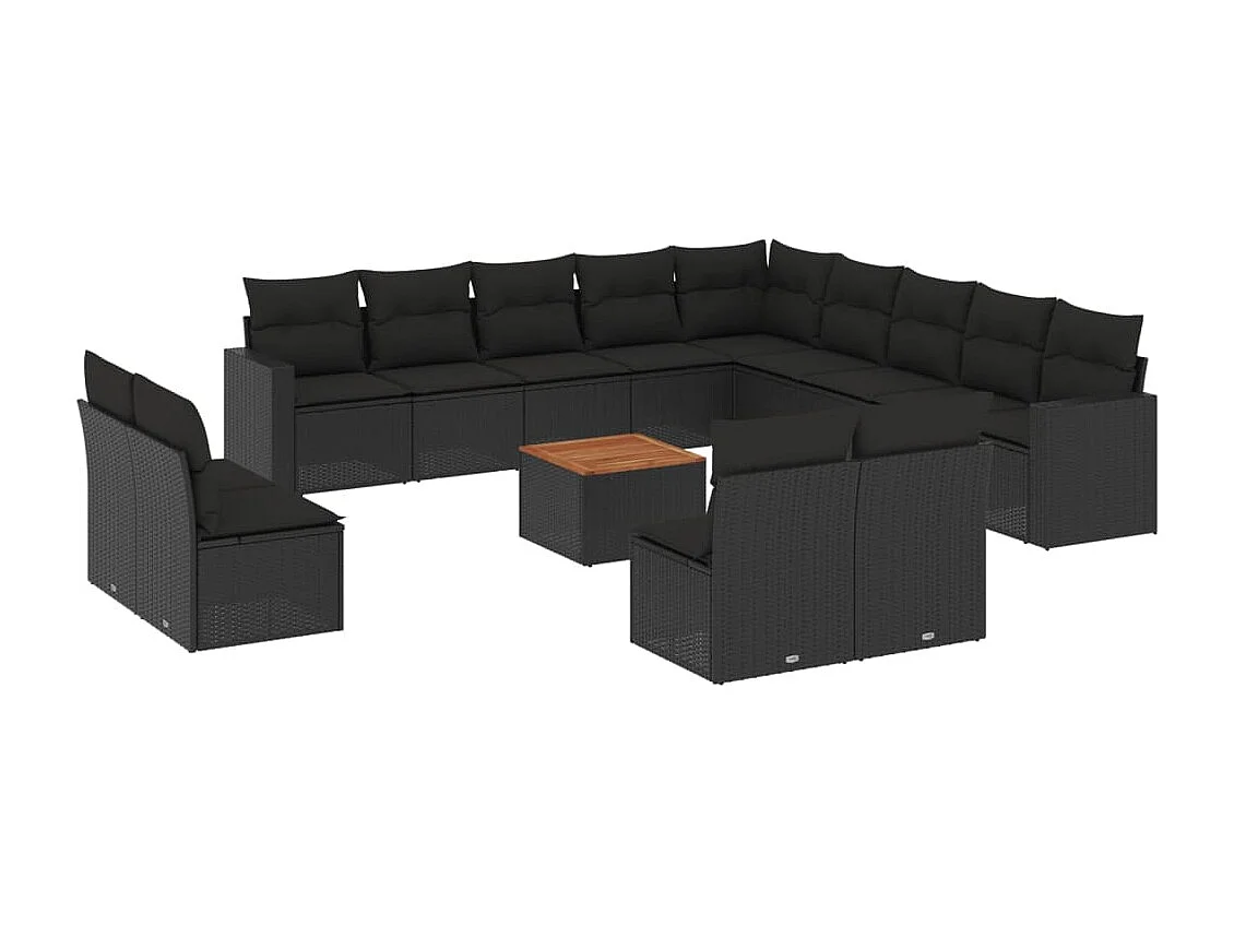 Salon de jardin avec coussins 14 pcs noir résine tressée