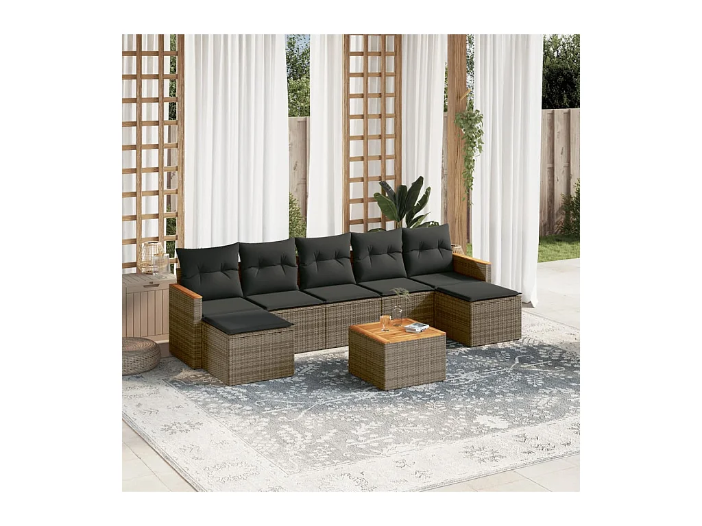 8-delige Loungeset met kussens poly rattan grijs