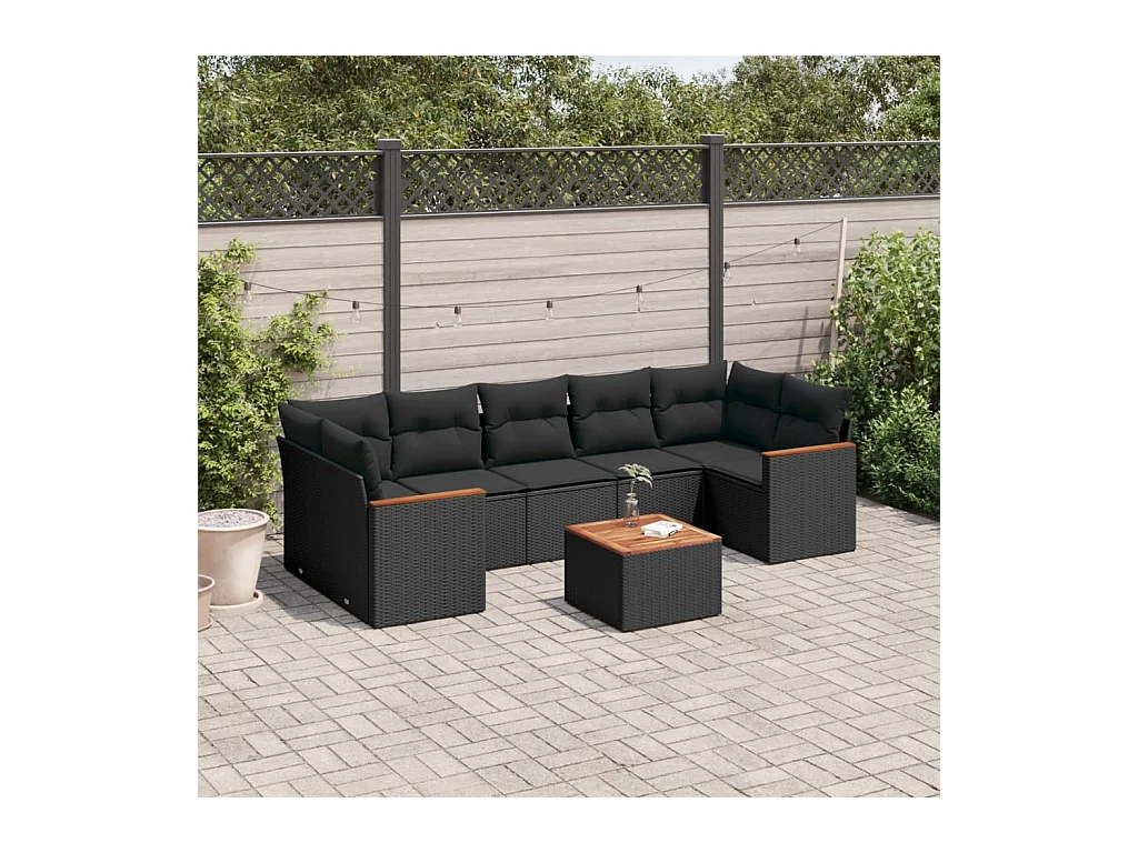 Salon de jardin 8 pcs avec coussins noir résine tressée
