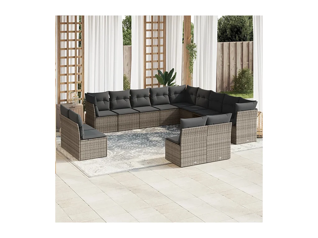 Salon de jardin avec coussins 13 pcs gris résine tressée