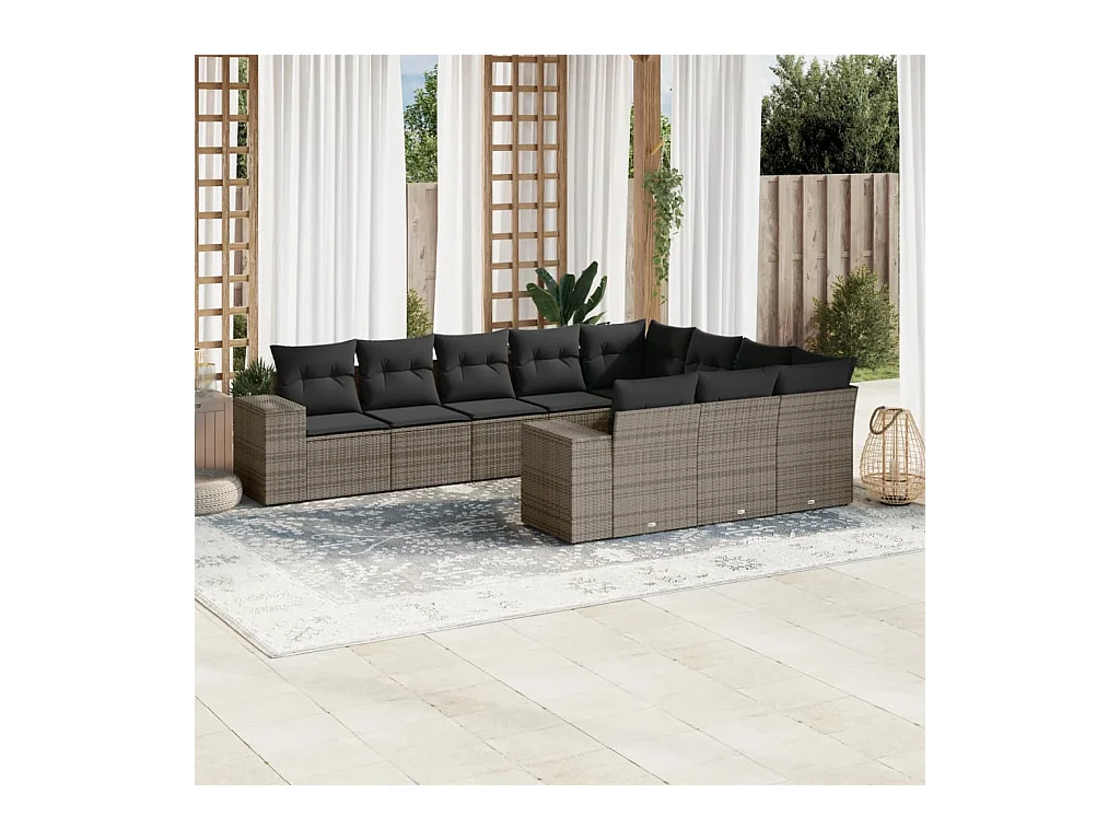 Salon de jardin avec coussins 10 pcs gris résine tressée