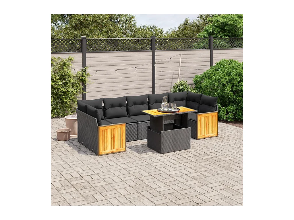 Salon de jardin 8 pcs avec coussins noir résine tressée