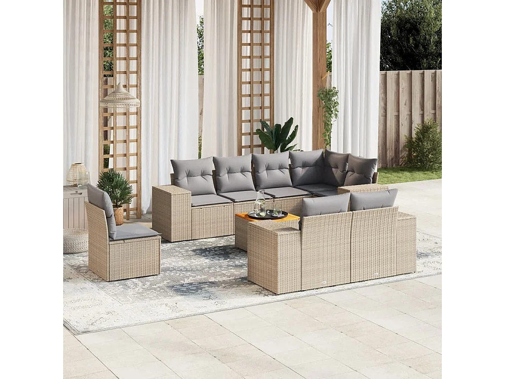 Set Divano da Giardino 9 pz con Cuscini Beige in Polyrattan