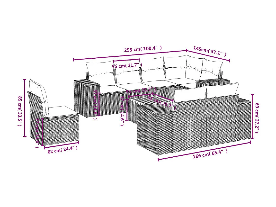 Set Divano da Giardino 9 pz con Cuscini Beige in Polyrattan