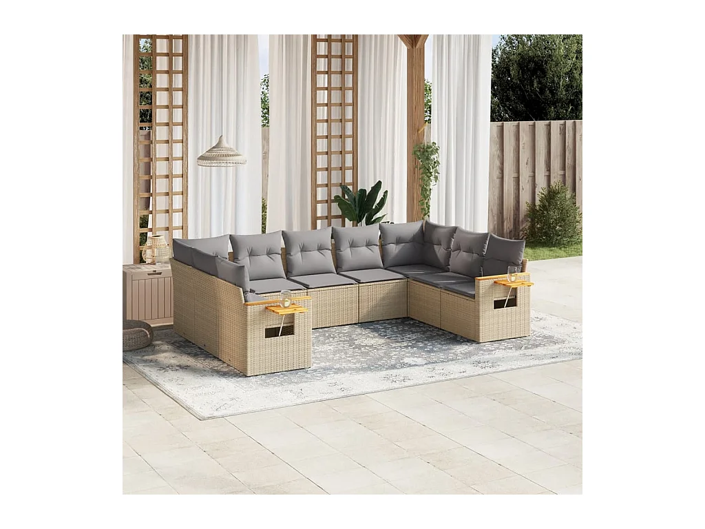 Set Divano da Giardino 9 pz con Cuscini Beige in Polyrattan
