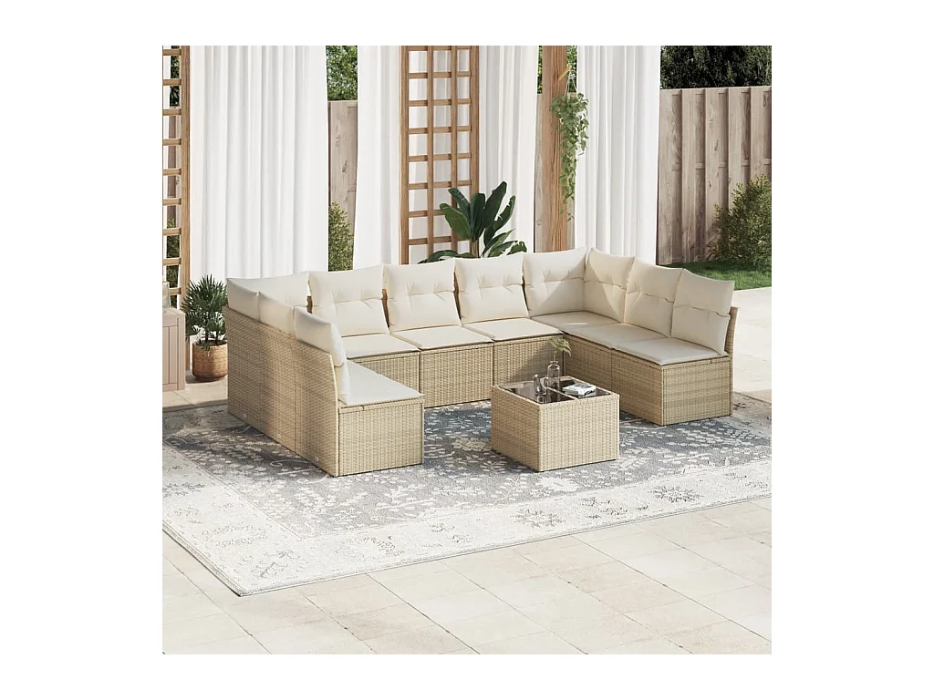 10-tlg. Garten-Sofagarnitur mit Kissen Beige Poly Rattan