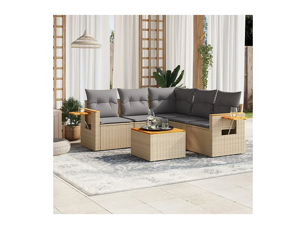 6-delige Loungeset met kussens poly rattan beige