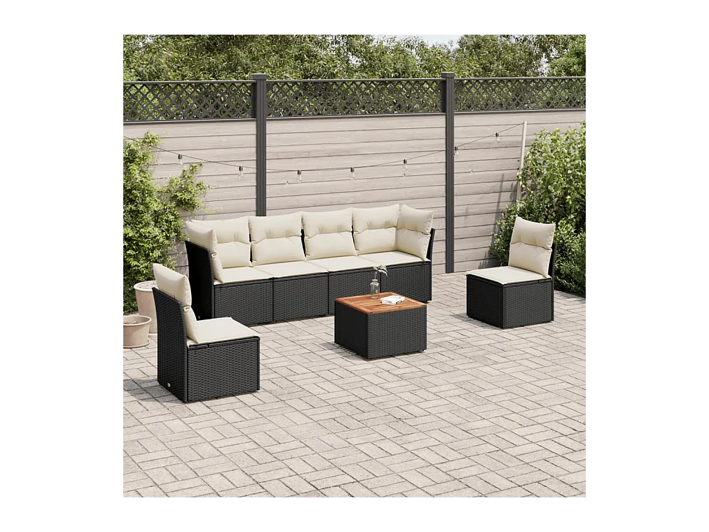 7-tlg. Garten-Sofagarnitur mit Kissen Schwarz Poly Rattan