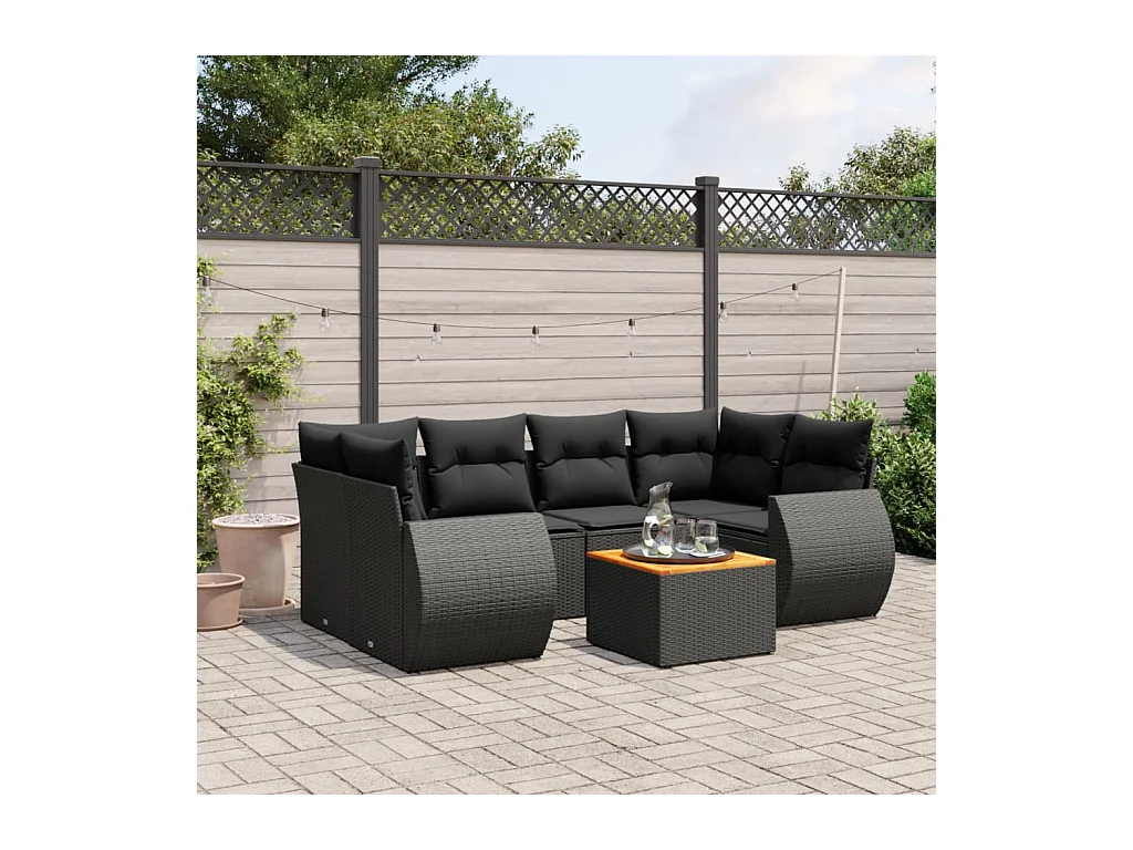 Salon de jardin 7 pcs avec coussins noir résine tressée