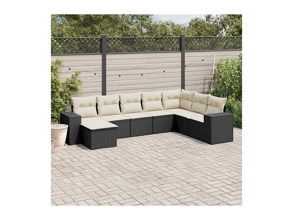 8-delige Loungeset met kussens poly rattan zwart