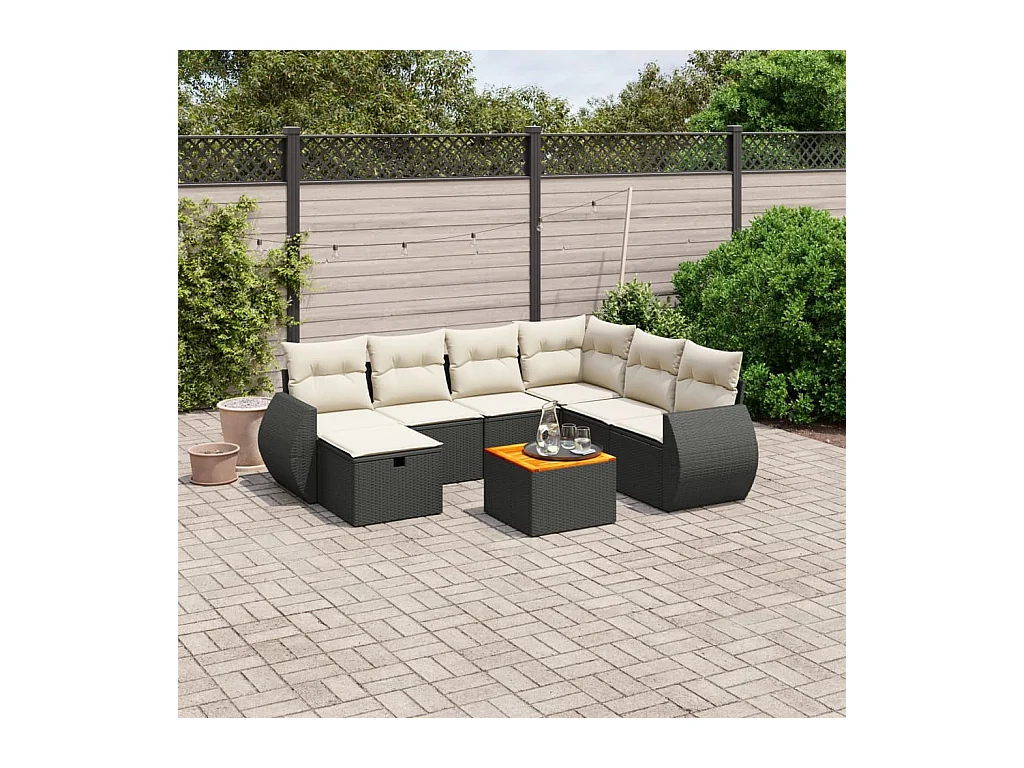 8-delige Loungeset met kussens poly rattan zwart