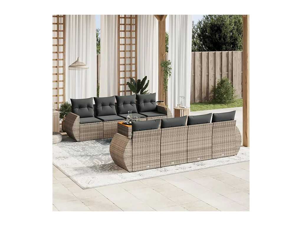 Salon de jardin 9 pcs avec coussins gris résine tressée