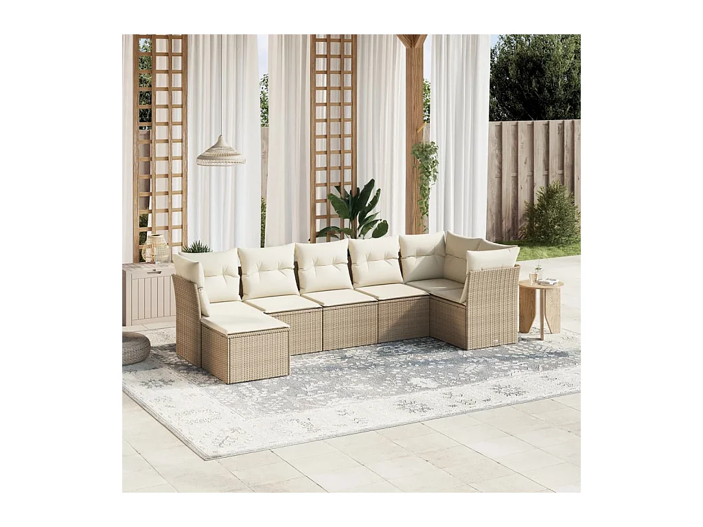 Salon de jardin avec coussins 7 pcs beige résine tressée