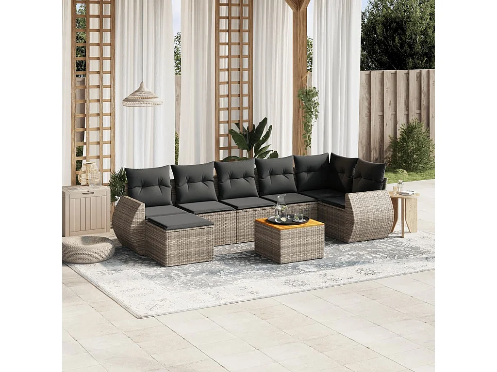 Salon de jardin 8 pcs avec coussins gris résine tressée