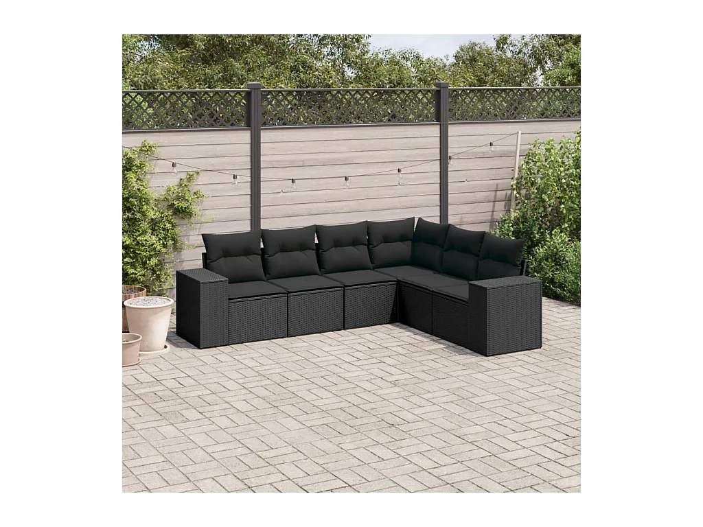 Salon de jardin 6 pcs avec coussins noir résine tressée