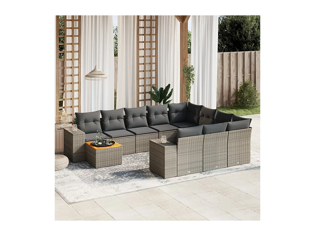 Salon de jardin 11 pcs avec coussins gris résine tressée